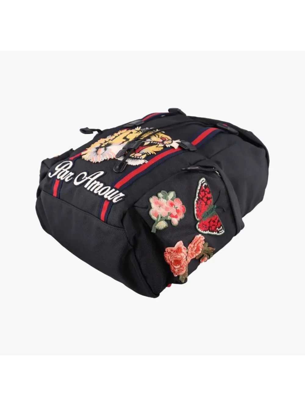 Gucci Sherry Line Embroidered Tiger Black Multicolor Canvas Backpack